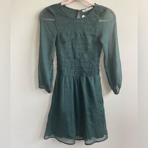 Abercrombie & Fitch Smocked Long Sleeve Micro Dot Green Mini Dress